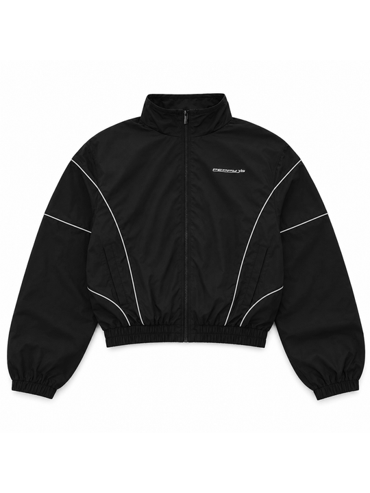 Black Piping Boxy Zip Up Jacket