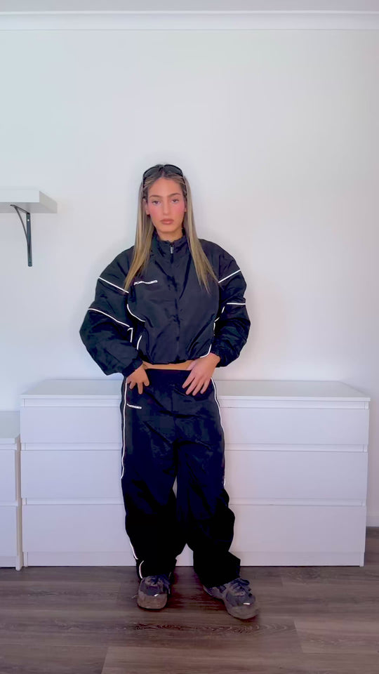 Black Piping Boxy Zip Up Jacket